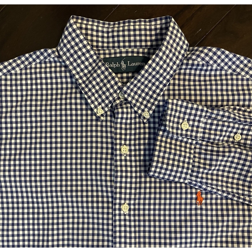 Ralph Lauren Button Down Shirt Men XL Navy Blue Gingham Check Long Sleeve Preppy